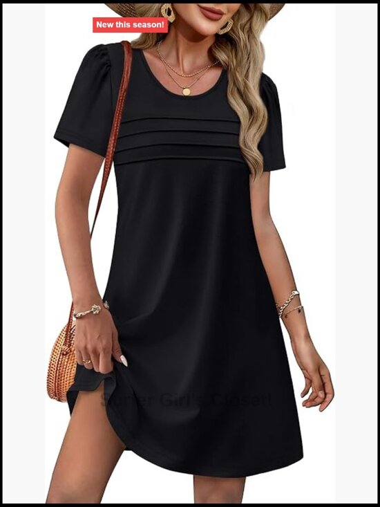 Dresses & Skirts - Womens Pleated Front Dress Puff Sleeve Pockets Sundress Casual Summer